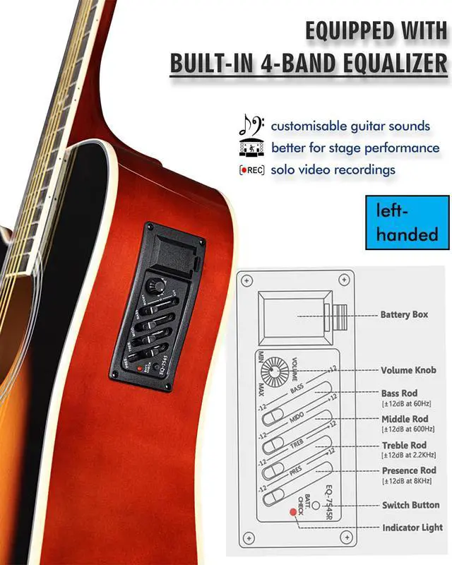 Alt view image 5 of 7 - 4/4 Electro Acoustic Guitar, Left-Handed Western Guitar Set, Adult Beginners, Acoustic Guitar 41 Inch with 4-Band Equaliser (Dreadnought,Glossy Sunburst)