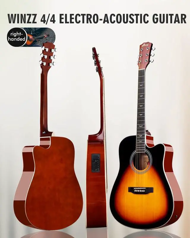 Alt view image 3 of 7 - Acoustic-Electric Guitar 4/4 Full Size for Adults Beginners and Teens,6 Steel-String Acustica Guitarra Starter Kit, 4-Band Equaliser, 41" Dreadnought Cutaway, Glossy Sunburst, Right Hand