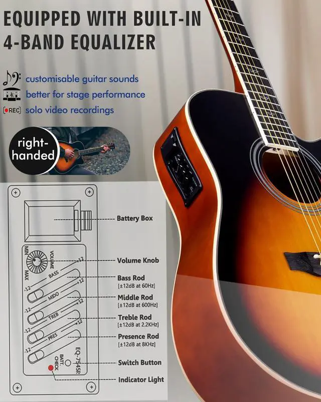 Alt view image 4 of 7 - Acoustic-Electric Guitar 4/4 Full Size for Adults Beginners and Teens,6 Steel-String Acustica Guitarra Starter Kit, 4-Band Equaliser, 41" Dreadnought Cutaway, Glossy Sunburst, Right Hand