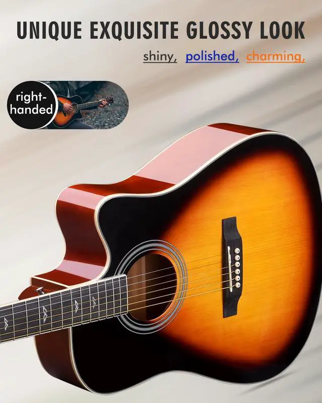 Alt view image 5 of 7 - Acoustic-Electric Guitar 4/4 Full Size for Adults Beginners and Teens,6 Steel-String Acustica Guitarra Starter Kit, 4-Band Equaliser, 41" Dreadnought Cutaway, Glossy Sunburst, Right Hand