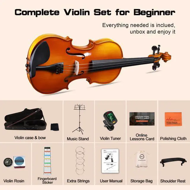 Alt view image 2 of 7 - Acoustic Violin for Beginner 4/4 Full Size Violin Set Solid Wood Ebony for Adult Teen Student Starter Kit with Hard Case, Rosin, Shoulder Rest, Bow, Music Stand, Strings, Free Lessons, Matte Brown