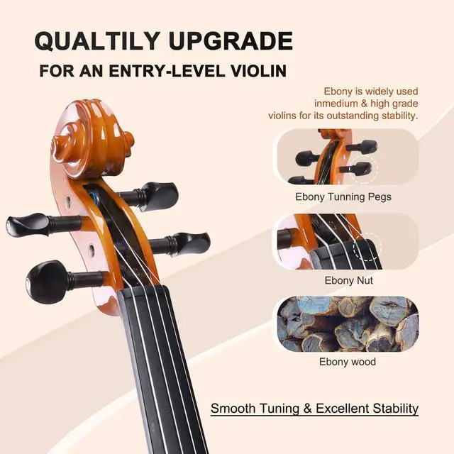 Alt view image 3 of 7 - Acoustic Violin for Beginner 4/4 Full Size Violin Set Solid Wood Ebony for Adult Teen Student Starter Kit with Hard Case, Rosin, Shoulder Rest, Bow, Music Stand, Strings, Free Lessons, Matte Brown