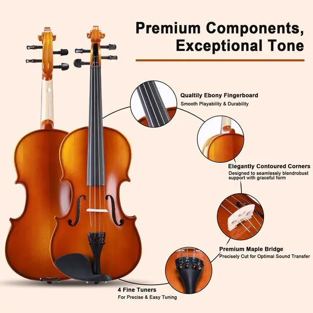 Alt view image 4 of 7 - Acoustic Violin for Beginner 4/4 Full Size Violin Set Solid Wood Ebony for Adult Teen Student Starter Kit with Hard Case, Rosin, Shoulder Rest, Bow, Music Stand, Strings, Free Lessons, Matte Brown