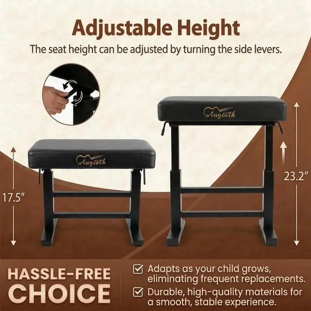 Alt view image 2 of 7 - Hydraulic Adjustable Piano Bench, Ergonomic Keyboard Stool, Black | No-squeak hydraulic height adjustment, Memory foam cushion, Heavy-duty steel frame, For adults & kids