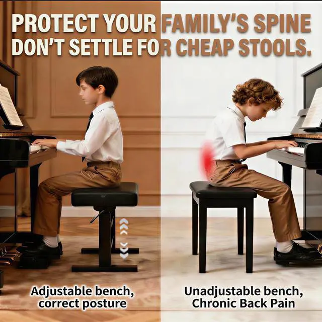 Alt view image 3 of 7 - Hydraulic Adjustable Piano Bench, Ergonomic Keyboard Stool, Black | No-squeak hydraulic height adjustment, Memory foam cushion, Heavy-duty steel frame, For adults & kids