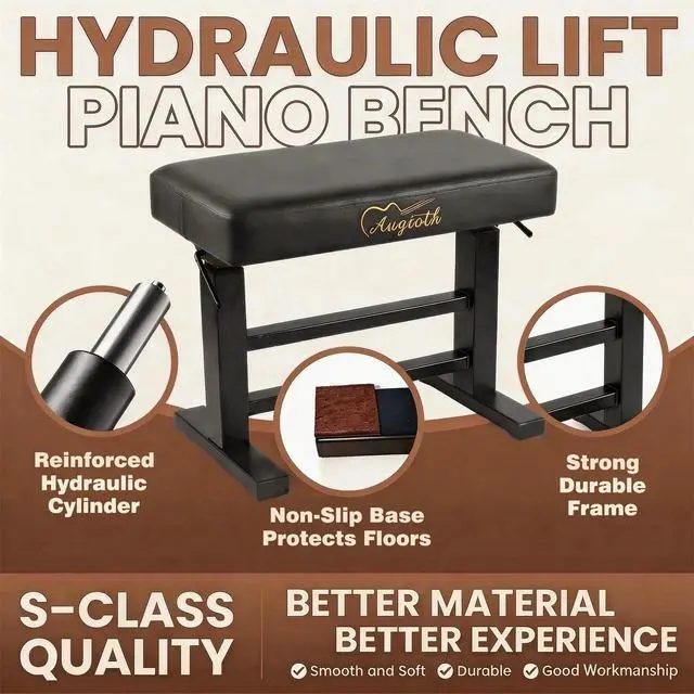 Alt view image 5 of 7 - Hydraulic Adjustable Piano Bench, Ergonomic Keyboard Stool, Black | No-squeak hydraulic height adjustment, Memory foam cushion, Heavy-duty steel frame, For adults & kids