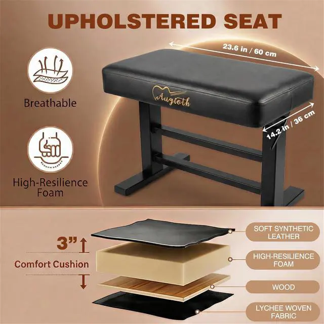 Alt view image 6 of 7 - Hydraulic Adjustable Piano Bench, Ergonomic Keyboard Stool, Black | No-squeak hydraulic height adjustment, Memory foam cushion, Heavy-duty steel frame, For adults & kids