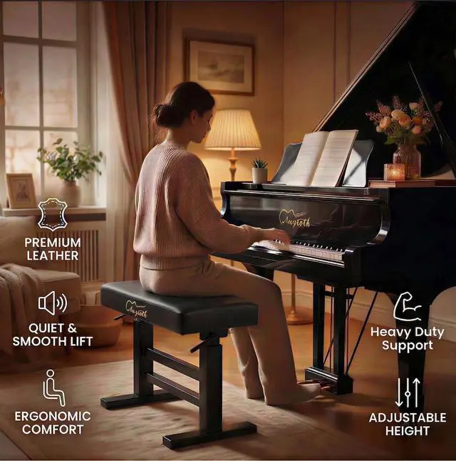 Alt view image 7 of 7 - Hydraulic Adjustable Piano Bench, Ergonomic Keyboard Stool, Black | No-squeak hydraulic height adjustment, Memory foam cushion, Heavy-duty steel frame, For adults & kids
