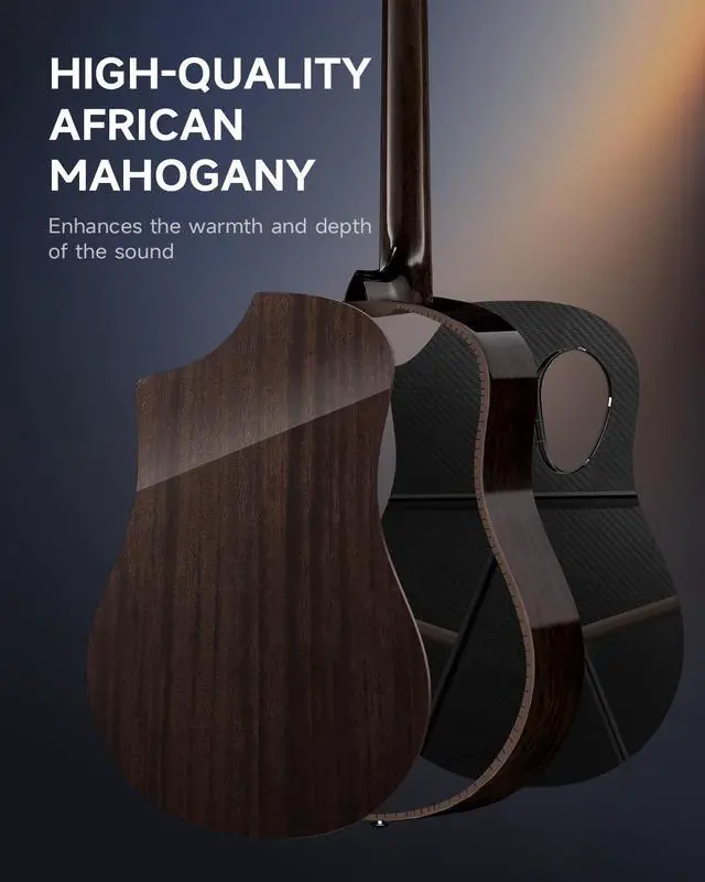 Alt view image 4 of 6 - Carbon X Wood Acoustic Guitar Beginner & Intermediate Learner Kits - Carbon Fiber Top, Wooden Bowl, 38" Durable Solid Guitar with Case, Strap, Steel-String, RISING-G1 (Gloss, Black)