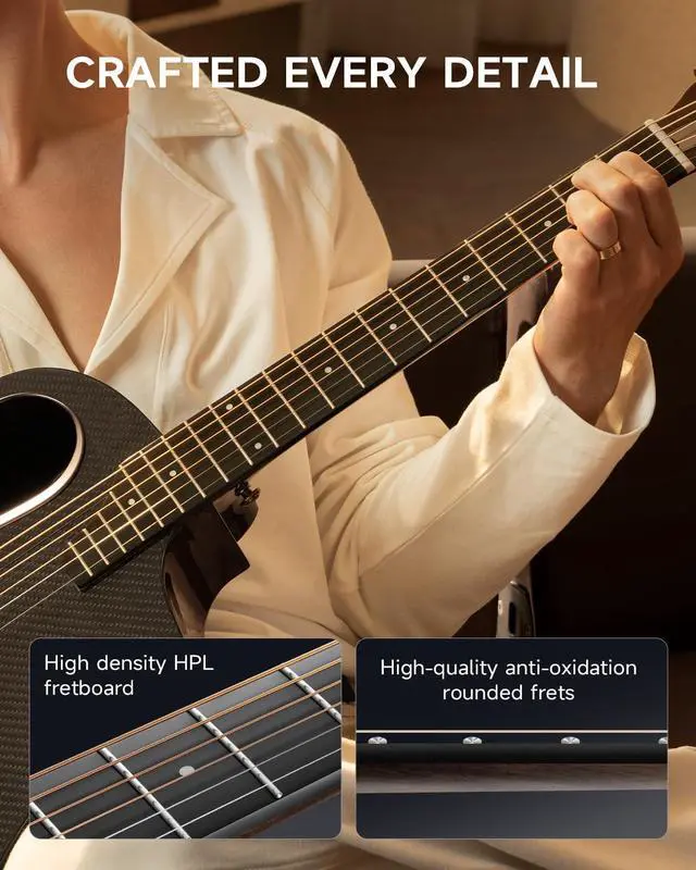 Alt view image 6 of 6 - Carbon X Wood Acoustic Guitar Beginner & Intermediate Learner Kits - Carbon Fiber Top, Wooden Bowl, 38" Durable Solid Guitar with Case, Strap, Steel-String, RISING-G1 (Gloss, Black)