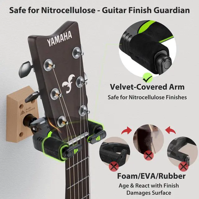 Alt view image 2 of 7 - Guitar Wall Mount Autolock 3-Pack - Nitro Friendly Velvet Hook (Heavy-Duty Design) 4-Screw Wood Base of 20lbs Load Guitar Wall Hanger for Bass, Acoustic, Classical, Electric Guitar