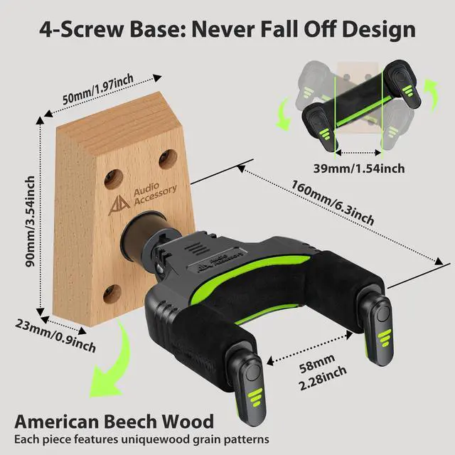 Alt view image 7 of 7 - Guitar Wall Mount Autolock 3-Pack - Nitro Friendly Velvet Hook (Heavy-Duty Design) 4-Screw Wood Base of 20lbs Load Guitar Wall Hanger for Bass, Acoustic, Classical, Electric Guitar