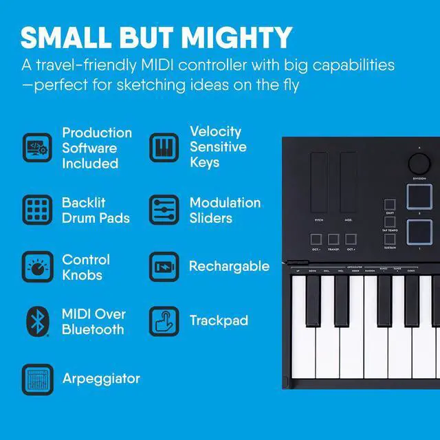 Alt view image 3 of 7 - Folding MIDI Controller 25 - MIDI over Bluetooth &USB Ultra-Portable Keyboard Controller - Built-In Battery for Professional Music Production - Compatible with Mac, PC, iOS