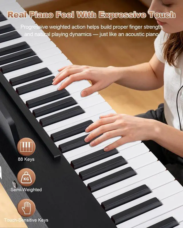 Alt view image 2 of 7 - 88 Key Digital Piano with Semi-Weighted Keys, Full Size Electric Keyboard for Beginners & Adults, Realistic Touch, Built-in Speakers, Sustain Pedal, Ideal for Home Practice & Learning, Black