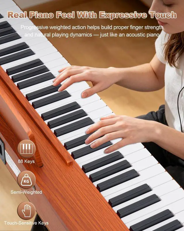 Alt view image 2 of 7 - 88 Key Digital Piano with Semi-Weighted Keys, Full Size Electric Keyboard for Beginners & Adults, Realistic Touch, Built-in Speakers, Sustain Pedal, Ideal for Home Practice & Learning, Brown