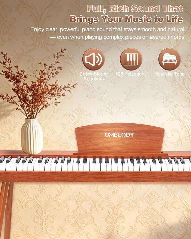 Alt view image 3 of 7 - 88 Key Digital Piano with Semi-Weighted Keys, Full Size Electric Keyboard for Beginners & Adults, Realistic Touch, Built-in Speakers, Sustain Pedal, Ideal for Home Practice & Learning, Brown