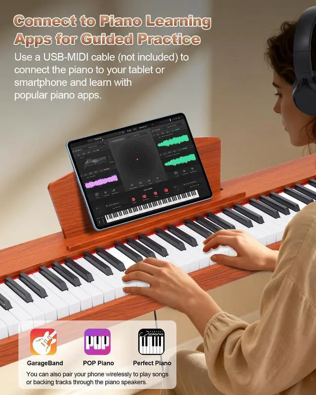 Alt view image 6 of 7 - 88 Key Digital Piano with Semi-Weighted Keys, Full Size Electric Keyboard for Beginners & Adults, Realistic Touch, Built-in Speakers, Sustain Pedal, Ideal for Home Practice & Learning, Brown