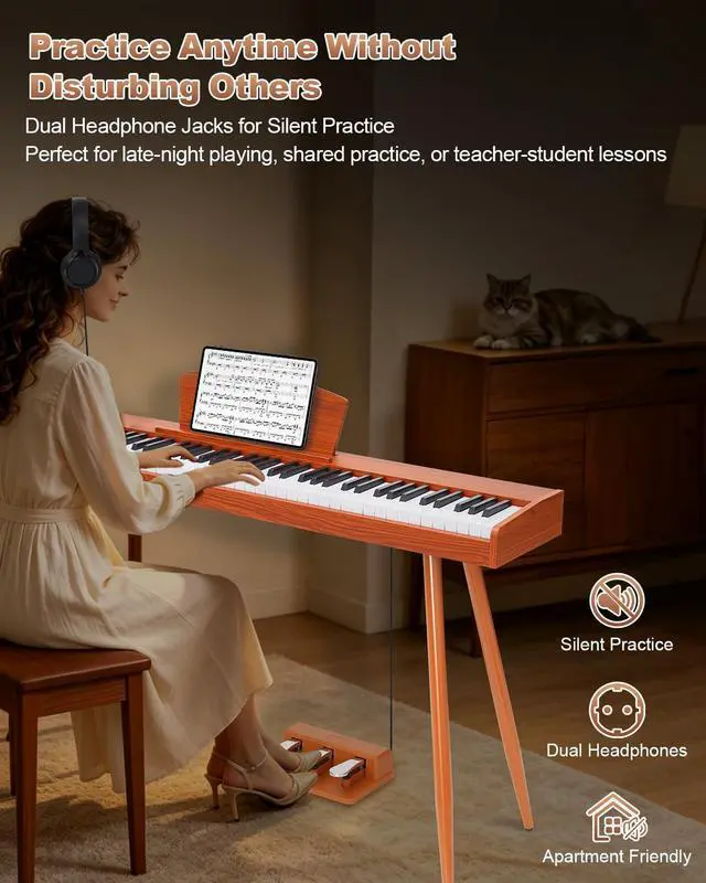 Alt view image 7 of 7 - 88 Key Digital Piano with Semi-Weighted Keys, Full Size Electric Keyboard for Beginners & Adults, Realistic Touch, Built-in Speakers, Sustain Pedal, Ideal for Home Practice & Learning, Brown