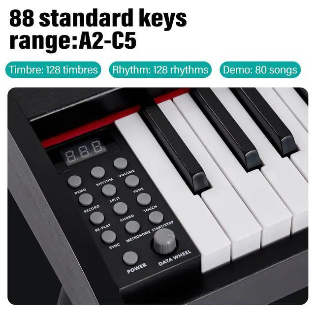 Alt view image 5 of 6 - 88 Keys Digital Piano, Electric Piano Full-size Semi Weighted Keyboard For Beginners, 128 Tones & Rhythms, MIDI/USB Connectivity, Headphone Jack