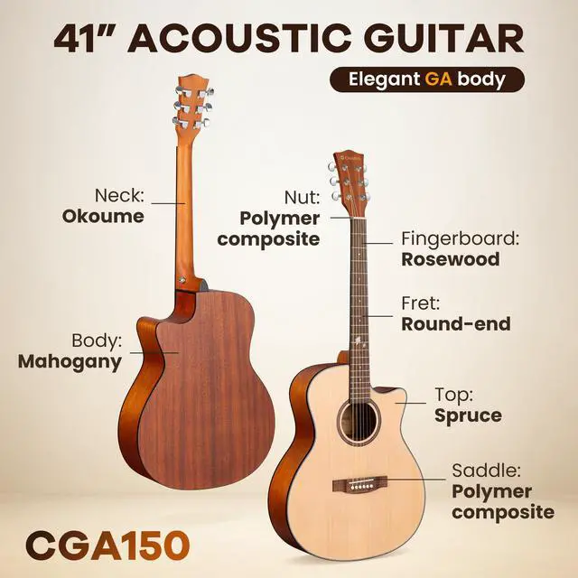 Alt view image 2 of 7 - Acoustic Guitar Beginner Set - 41" Full Size Spruce Top Mahogany Body with Okoume Neck Rosewood Fingerboard, GA Cutaway Design, Balanced Rich Tone with Gig Bag, Strap, Capo, Strings & Picks