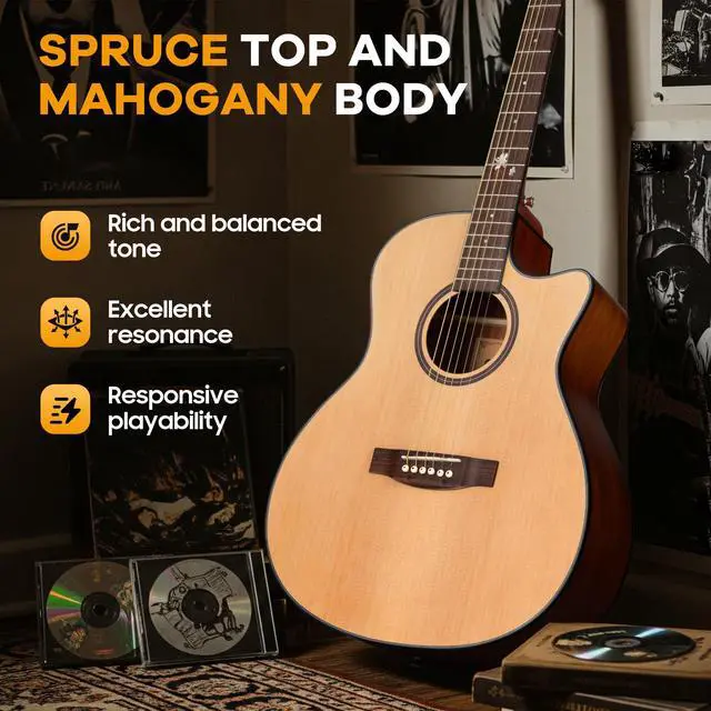 Alt view image 3 of 7 - Acoustic Guitar Beginner Set - 41" Full Size Spruce Top Mahogany Body with Okoume Neck Rosewood Fingerboard, GA Cutaway Design, Balanced Rich Tone with Gig Bag, Strap, Capo, Strings & Picks