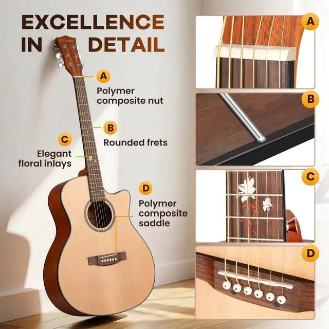 Alt view image 6 of 7 - Acoustic Guitar Beginner Set - 41" Full Size Spruce Top Mahogany Body with Okoume Neck Rosewood Fingerboard, GA Cutaway Design, Balanced Rich Tone with Gig Bag, Strap, Capo, Strings & Picks