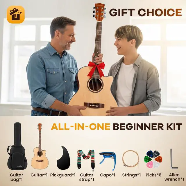 Alt view image 7 of 7 - Acoustic Guitar Beginner Set - 41" Full Size Spruce Top Mahogany Body with Okoume Neck Rosewood Fingerboard, GA Cutaway Design, Balanced Rich Tone with Gig Bag, Strap, Capo, Strings & Picks