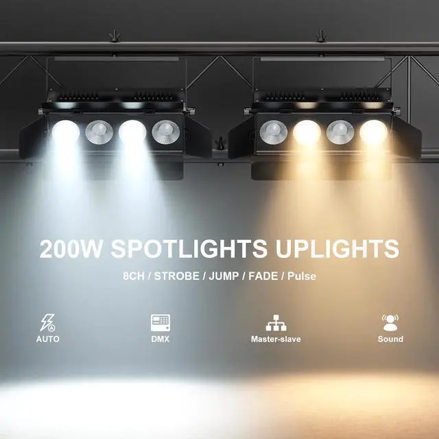 Alt view image 2 of 7 - Stage Lights with Barn Doors, 4x50W LED Par Can Lights DMX512 Sound Activated, Cool White and Warm White COB Spotlights Uplights for Events Wedding Parties Concert Church Theater Stage