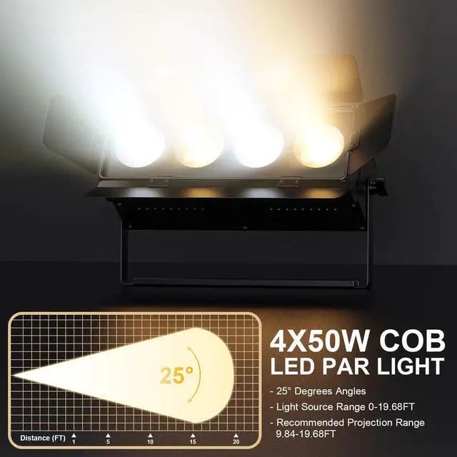 Alt view image 3 of 7 - Stage Lights with Barn Doors, 4x50W LED Par Can Lights DMX512 Sound Activated, Cool White and Warm White COB Spotlights Uplights for Events Wedding Parties Concert Church Theater Stage