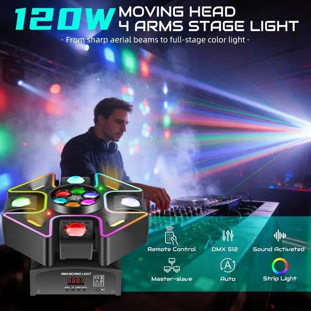 Alt view image 3 of 7 - Moving Head DJ Lights,120W LED Stage Light with RGB Light Strip Feature 4 Arms Beam,Bee-Eyes Effect,Luces DJ Profesional Supports Starlight,Sound Activated