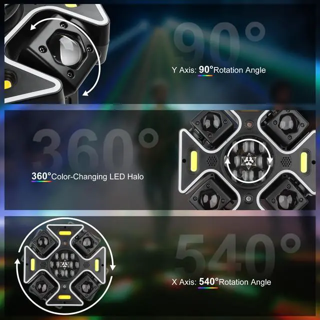 Alt view image 4 of 7 - Moving Head DJ Lights,120W LED Stage Light with RGB Light Strip Feature 4 Arms Beam,Bee-Eyes Effect,Luces DJ Profesional Supports Starlight,Sound Activated
