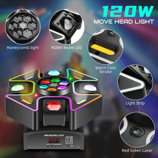 Alt view image 6 of 7 - Moving Head DJ Lights,120W LED Stage Light with RGB Light Strip Feature 4 Arms Beam,Bee-Eyes Effect,Luces DJ Profesional Supports Starlight,Sound Activated