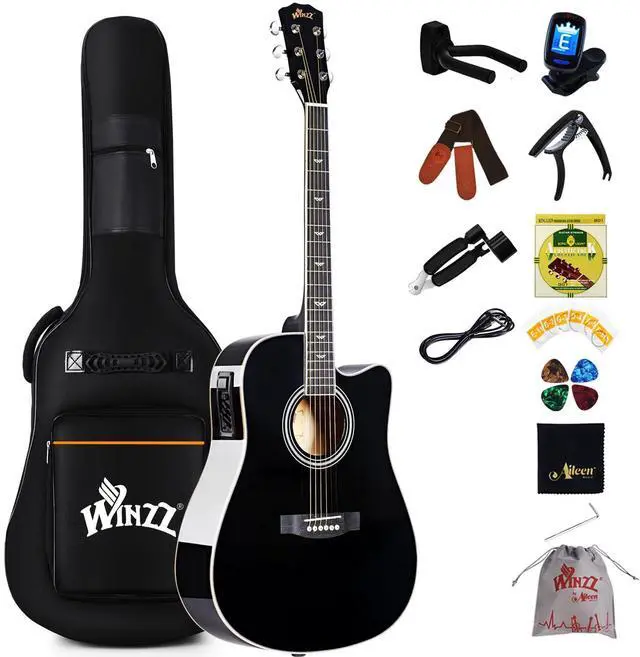 Main image of Acoustic-Electric Guitar 4/4 Full Size for Adults Beginners and Teens, 6 Steel-String Acustica Guitarra Starter Kit, 4-Band Equaliser, 41" Dreadnought Cutaway, Glossy Black, Right Hand