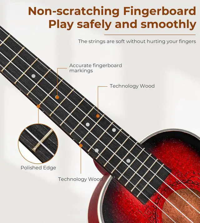 Alt view image 4 of 7 - Tenor Ukulele for Beginners, 26 Inch Ukulele Kit Mahogany Bundle Professional Hawaiian Starter Uke Kit with Gig Bag, Red
