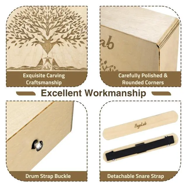 Alt view image 4 of 7 - Portable Cajon, Multi-Tone Travel Drum Box with Storage Bag & Detachable Snare Drum Strap, Exquisite Carved Patterns, Beautiful Percussion Instrument Gift
