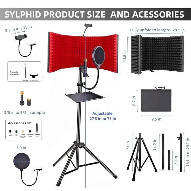 Alt view image 2 of 7 - Microphone Isolation Shield with Pop Filter & Stand and Phone Clip, Foldable Triple Layer Sound Proofing, Studio Mic Cover for Recording, Podcasting, Streaming, Singing, YouTube Videos Red