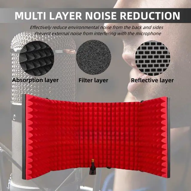 Alt view image 3 of 7 - Microphone Isolation Shield with Pop Filter & Stand and Phone Clip, Foldable Triple Layer Sound Proofing, Studio Mic Cover for Recording, Podcasting, Streaming, Singing, YouTube Videos Red
