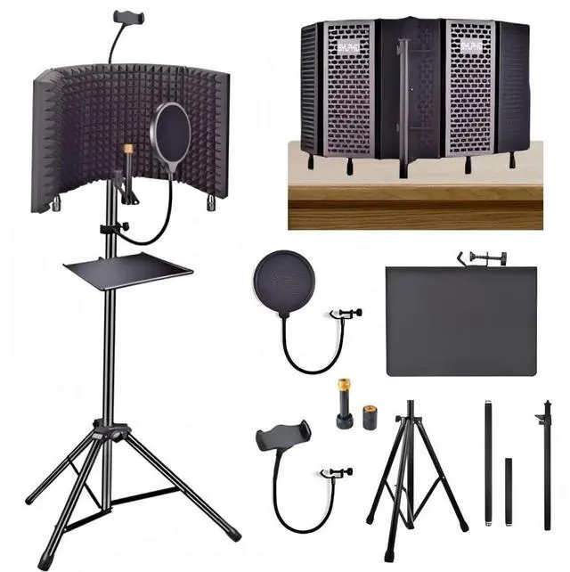 Main image of Microphone Isolation Shield with Pop Filter & Stand and Phone Clip, Foldable Triple Layer Sound Proofing, Studio Mic Cover for Recording, Podcasting, Streaming, Singing, YouTube Videos Black