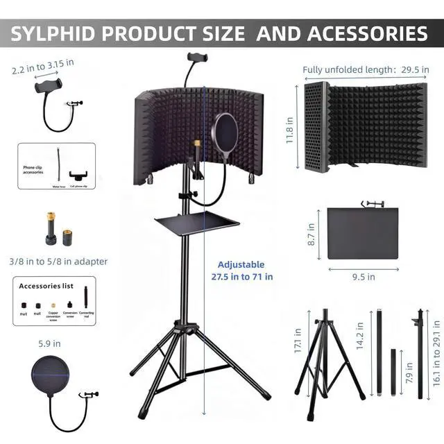 Alt view image 2 of 7 - Microphone Isolation Shield with Pop Filter & Stand and Phone Clip, Foldable Triple Layer Sound Proofing, Studio Mic Cover for Recording, Podcasting, Streaming, Singing, YouTube Videos Black