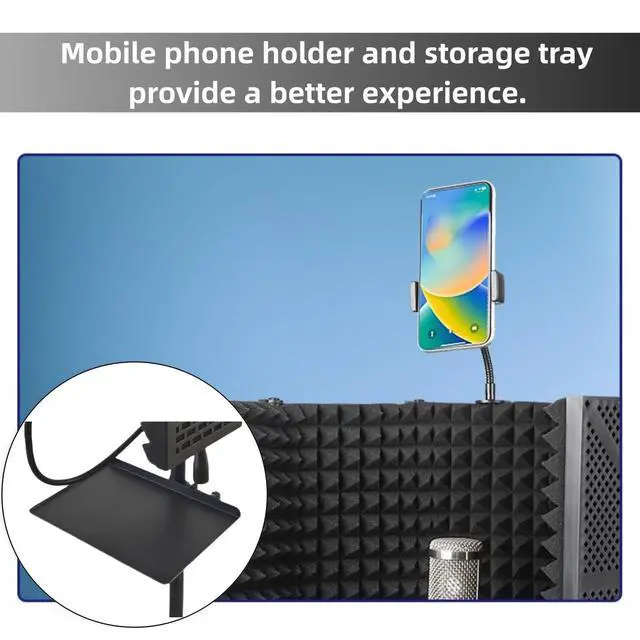 Alt view image 4 of 7 - Microphone Isolation Shield with Pop Filter & Stand and Phone Clip, Foldable Triple Layer Sound Proofing, Studio Mic Cover for Recording, Podcasting, Streaming, Singing, YouTube Videos Red