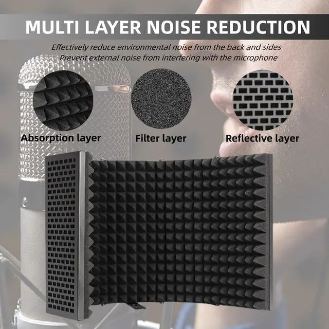 Alt view image 3 of 7 - Microphone Isolation Shield with Pop Filter & Stand and Phone Clip, Foldable Triple Layer Sound Proofing, Studio Mic Cover for Recording, Podcasting, Streaming, Singing, YouTube Videos Black