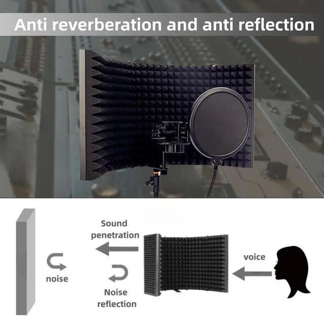 Alt view image 6 of 7 - Microphone Isolation Shield with Pop Filter & Stand and Phone Clip, Foldable Triple Layer Sound Proofing, Studio Mic Cover for Recording, Podcasting, Streaming, Singing, YouTube Videos Red