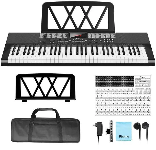 Main image of Keyboard Piano 61 Keys, Electric Piano Keyboard Kit with 255 Voices, 255 Rhythms, Powered by Power Adapter or Battery with LCD Display, Includes Sheet Music Stand, Piano Note Stickers, Earbuds (BLACK)