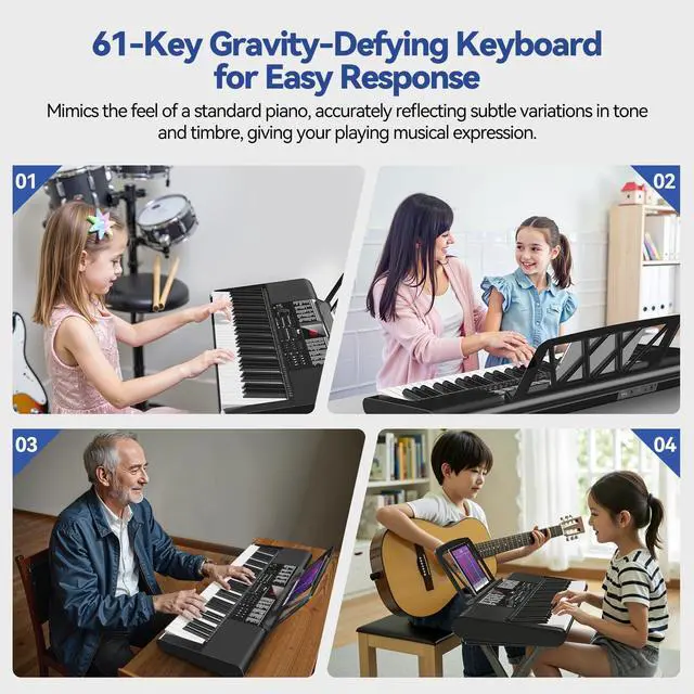 Alt view image 2 of 6 - Keyboard Piano 61 Keys, Electric Piano Keyboard Kit with 255 Voices, 255 Rhythms, Powered by Power Adapter or Battery with LCD Display, Includes Sheet Music Stand, Piano Note Stickers, Earbuds (BLACK)