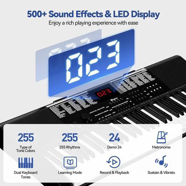 Alt view image 5 of 6 - Keyboard Piano 61 Keys, Electric Piano Keyboard Kit with 255 Voices, 255 Rhythms, Powered by Power Adapter or Battery with LCD Display, Includes Sheet Music Stand, Piano Note Stickers, Earbuds (BLACK)