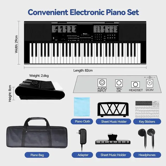 Alt view image 4 of 6 - Keyboard Piano 61 Keys, Electric Piano Keyboard Kit with 255 Voices, 255 Rhythms, Powered by Power Adapter or Battery with LCD Display, Includes Sheet Music Stand, Piano Note Stickers, Earbuds (BLACK)