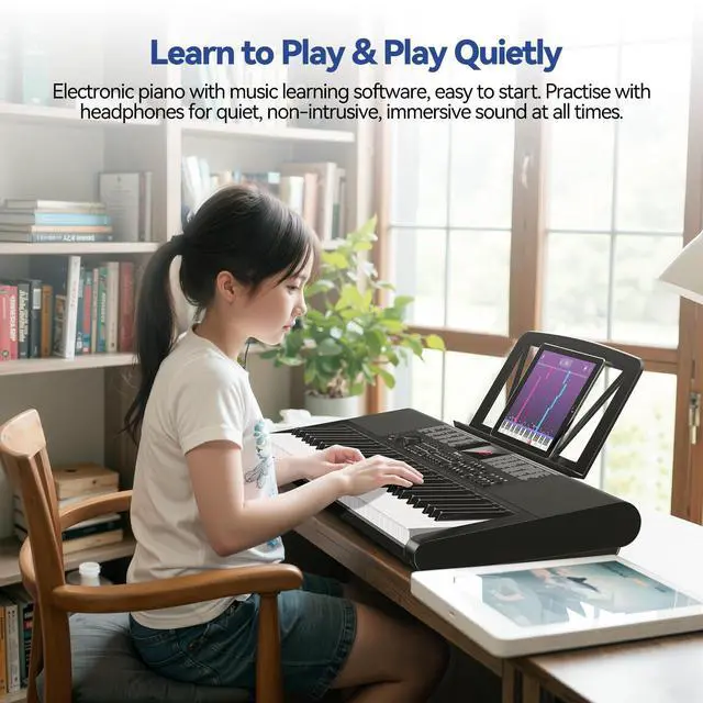 Alt view image 6 of 6 - Keyboard Piano 61 Keys, Electric Piano Keyboard Kit with 255 Voices, 255 Rhythms, Powered by Power Adapter or Battery with LCD Display, Includes Sheet Music Stand, Piano Note Stickers, Earbuds (BLACK)