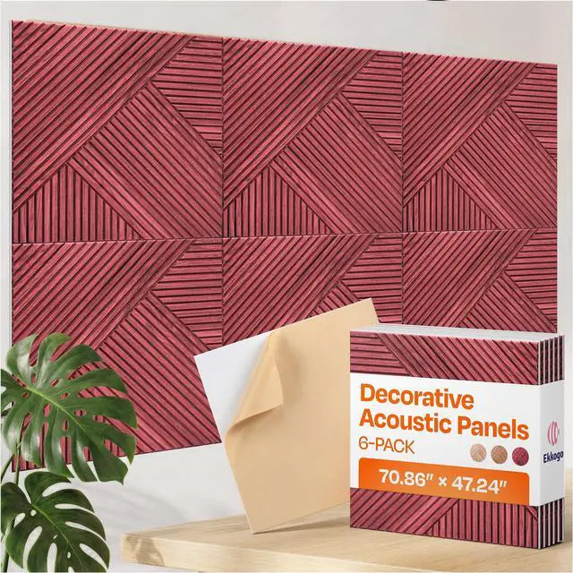 Main image of XL Acoustic Wall Panels 6-Pack Decorative Acoustic Panels High Density Sound Absorbing Wall Art 70.86X47.24 Inches with Self-adhesive for Studio Home and Office - Cherry Wood Finish