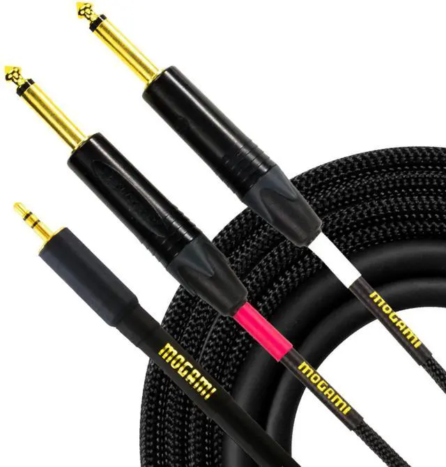 Main image of GOLD 3.5-2TS-10 Stereo Audio Y-Adapter Cable, 3.5mm TRS Plug to Dual 1/4" TS Plugs, Gold Contacts, Straight Connectors, 10 Foot