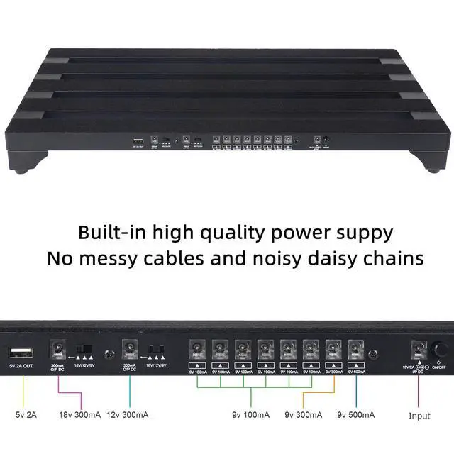 Alt view image 3 of 7 - 22" x 12.5" Guitar Pedal Board with Built-in Power Supply | 10 DC Outputs, 9/12/18V, Includes Mounting Tapes, Lightweight
